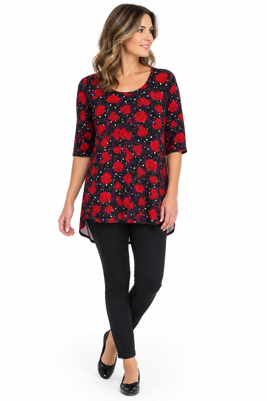 LR1951 LuLaRoe Black Red Rose Polka Dot High Low Tunic Top Size LA